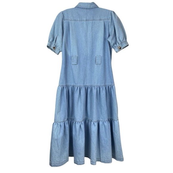 Elan Cotton Denim Tiered Shirt Dress XS Button Front A Line Puff Sleeve Blue - Picture 3 of 8